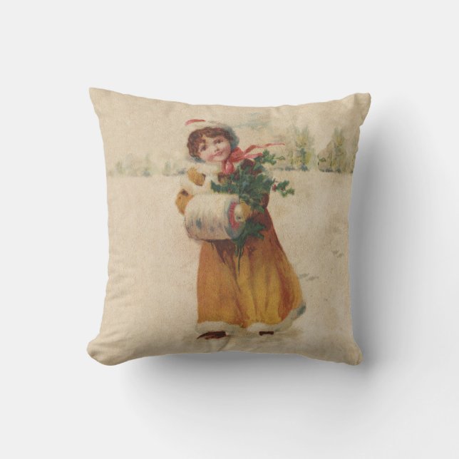 Antique Christmas Girl Winter Child Cushion (Front)