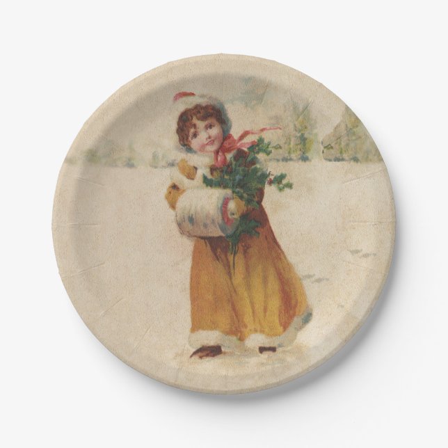 Antique Christmas Girl Winter Child Paper Plate (Front)