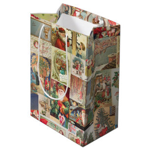 Antique Christmas Holiday Greeting Cards Pattern Medium Gift Bag