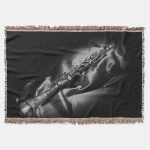 Antique clarinet still life, B&W Throw Blanket
