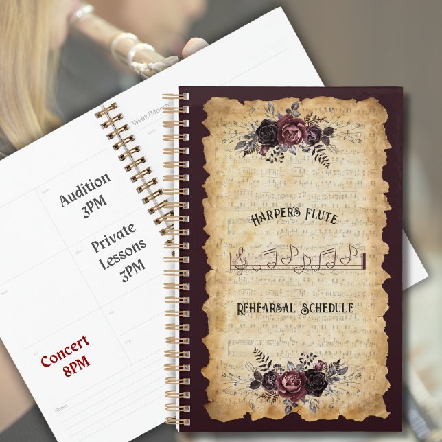 Antique Classical Flute Rehearsal Practice Log Planner (Cozy up your practice routine with a personalized moody botanical flute rehearsal planner. )