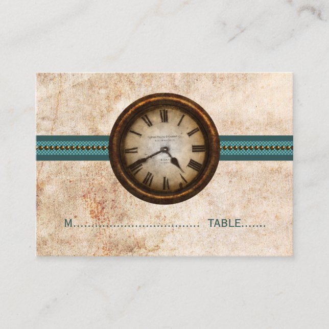 Antique Clock Place Card, Teal Card (Front)