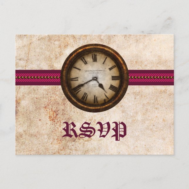 Antique Clock RSVP Postcard, Fuchsia Invitation Postcard (Front)