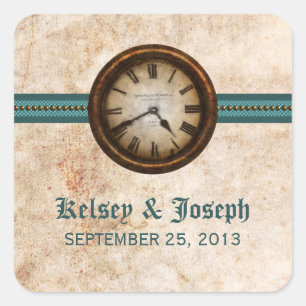 Antique Clock Wedding Stickers, Teal Square Sticker