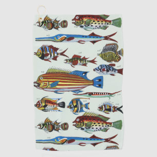 Antique Colourful Exotic Fish Natural History Prin Golf Towel