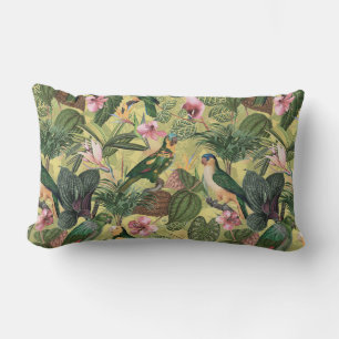 Antique Colourful Parrots Tropical Jungle Pattern Lumbar Cushion