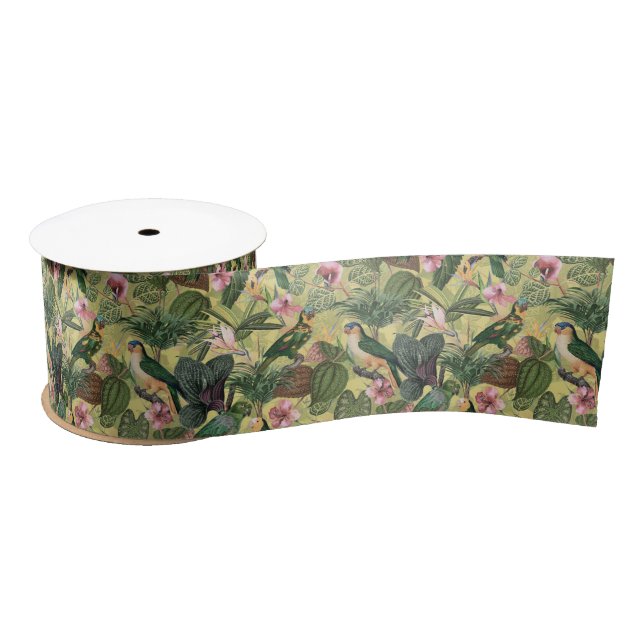 Antique Colourful Parrots Tropical Jungle Pattern Satin Ribbon (Spool)