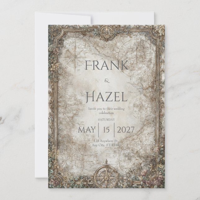 Antique Compass Enchanted Forest Wedding  Invitation (Front)