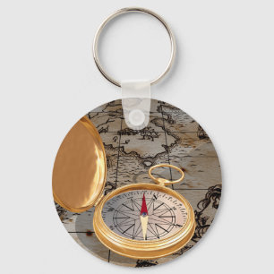 Antique Compass On A Map Keychain