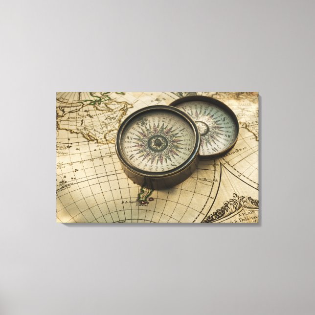 Antique compass on map canvas print (Front)