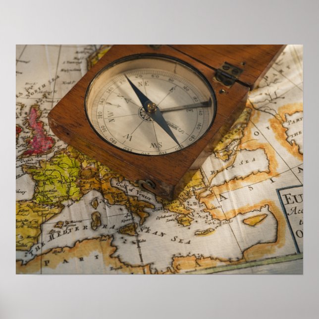 antique compass on map poster (Front)