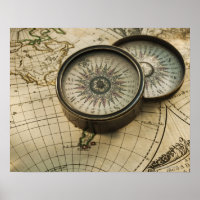 Antique compass on map