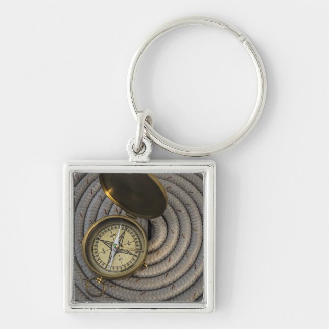 Antique Compass On Sailboat Deck Key Ring (Front)