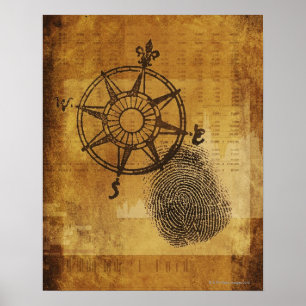 Antique compass rose with fingerprint poster