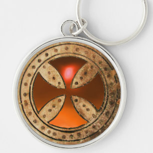 ANTIQUE CONSECRATION CROSS Orange Agate Gem Key Ring