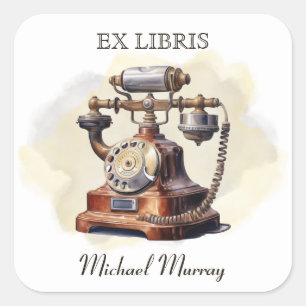 Antique Copper Telephone Bookplate Square Sticker