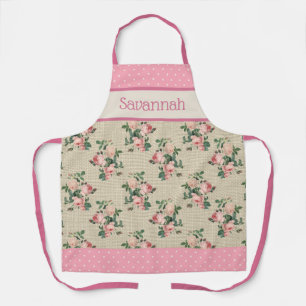 Antique Cottage Roses   Pink and White Polka Dots Apron