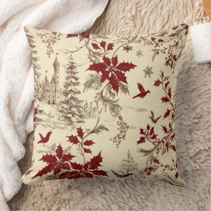 Antique Cream Burgundy Winter Birds Holly Floral Cushion