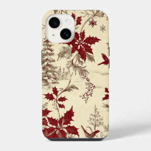 Antique Cream Burgundy Winter Birds Holly Floral iPhone 14 Case