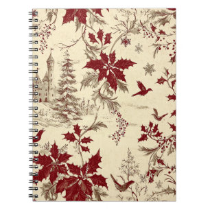 Antique Cream Burgundy Winter Birds Holly Floral Notebook