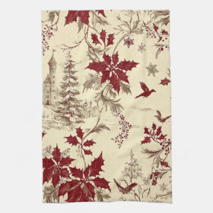 Antique Cream Burgundy Winter Birds Holly Floral Tea Towel