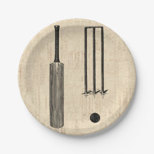 Antique Cricket Bat Vintage Illustrated Art Paper Plate