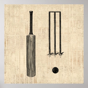 Antique Cricket Bat Vintage Illustrated Art Poster