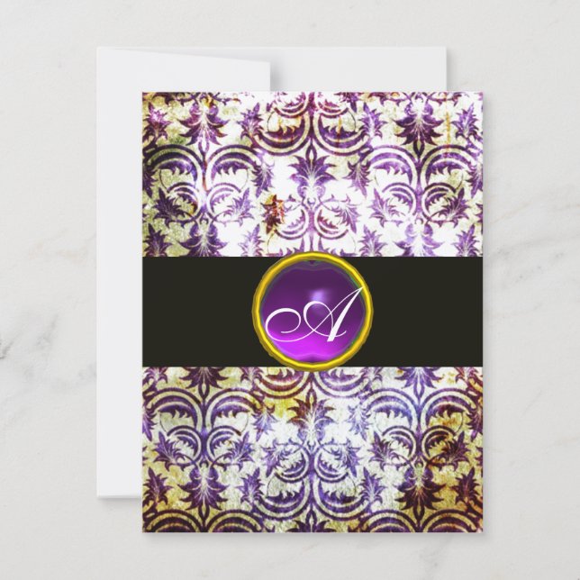 ANTIQUE DAMASK MONOGRAM,black purple,champagne Invitation (Front)