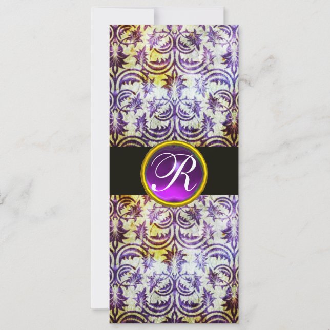 ANTIQUE DAMASK MONOGRAM,black white purple,gold Invitation (Front)