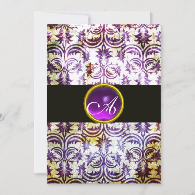 ANTIQUE DAMASK MONOGRAM,black white purple,silver Invitation (Front)