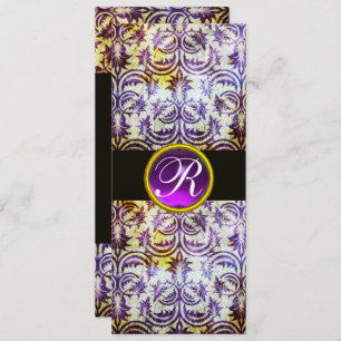 ANTIQUE DAMASK MONOGRAM,black white purple,silver Invitation