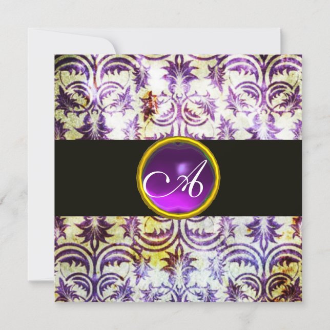 ANTIQUE DAMASK MONOGRAM ,white purple,black Invitation (Front)