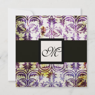 ANTIQUE DAMASK MONOGRAM,white purple Champagne Invitation
