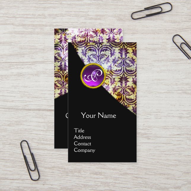 ANTIQUE DAMASK PURPLE GEMSTONE MONOGRAM Black Business Card (Front/Back In Situ)