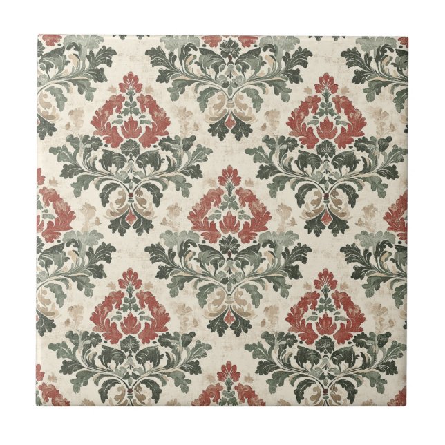 Antique Damask Red Green Beige Tile (Front)