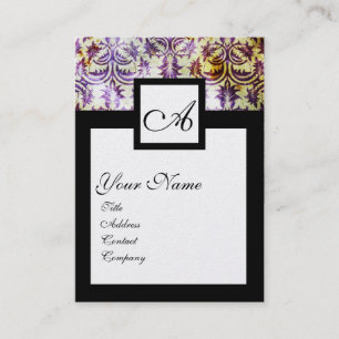 ANTIQUE DAMASK SQUARE MONOGRAM,purple black pearl Business Card