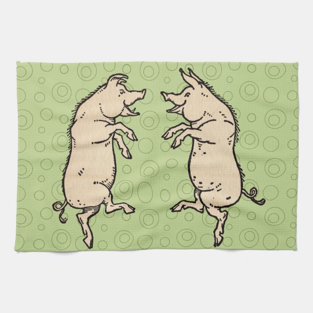 Antique Dancing Pigs: Whimsical Vintage Piggy Jig  Tea Towel (Horizontal)
