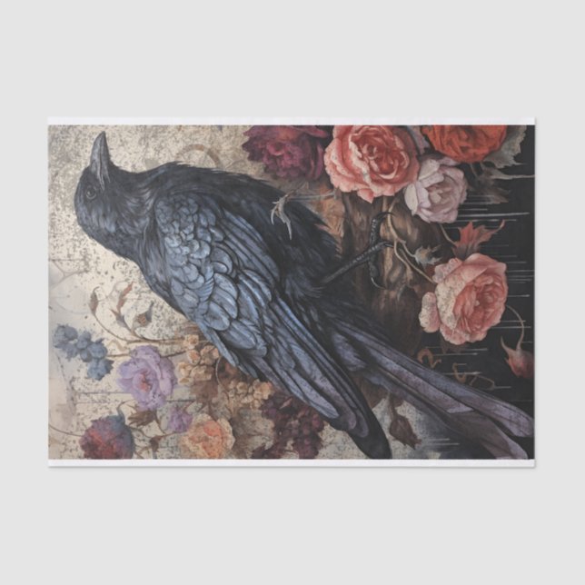 Antique Dark Floral Raven Decoupage Tissue Paper (Front)