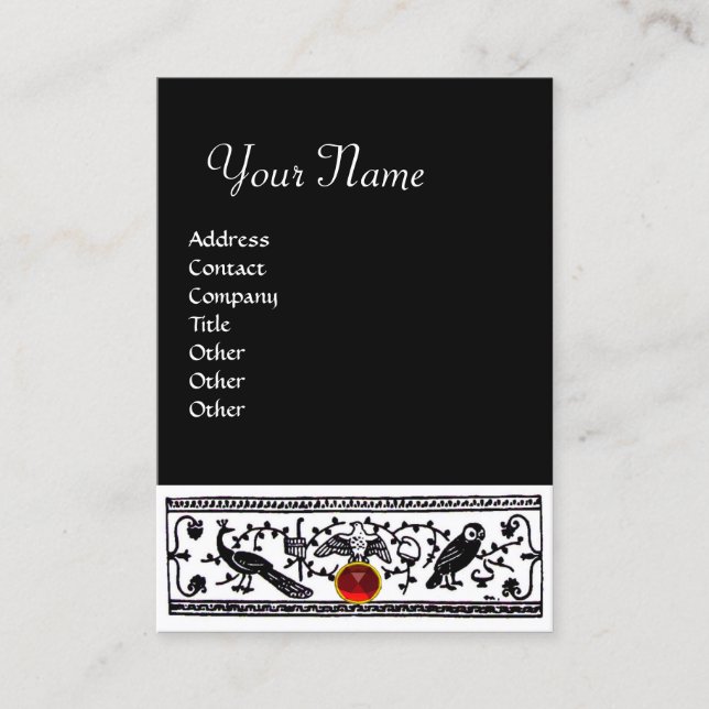 ANTIQUE DECOR,RED RUBY MONOGRAM Black White Business Card (Front)