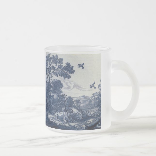 Antique Delft Blue Tile - Cattle and Birds Frosted Glass Coffee Mug (Right)