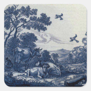 Antique Delft Blue Tile - Cattle and Birds Square Sticker
