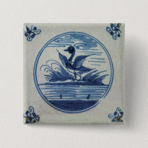 Antique Delft Blue Tile - Duck in the Water 15 Cm Square Badge