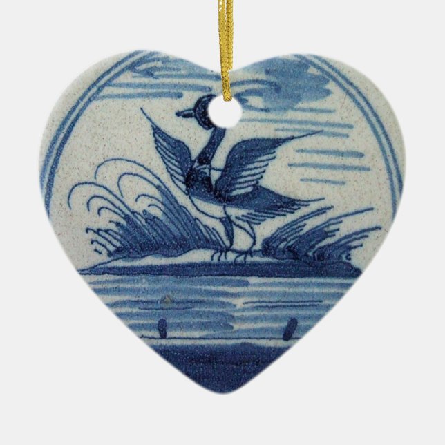 Antique Delft Blue Tile - Duck in the Water Ceramic Tree Decoration (Front)