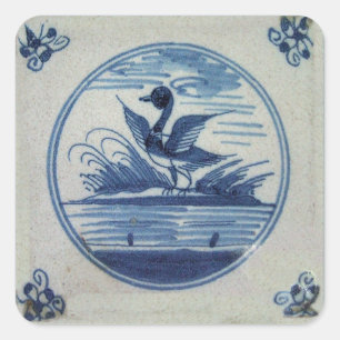 Antique Delft Blue Tile - Duck in the Water Square Sticker