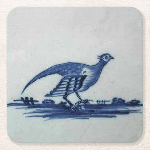 Antique Delft Blue Tile - Grouse in the Grass Square Paper Coaster