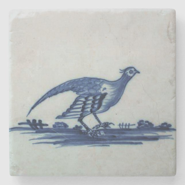 Antique Delft Blue Tile - Grouse in the Grass Stone Coaster (Front)