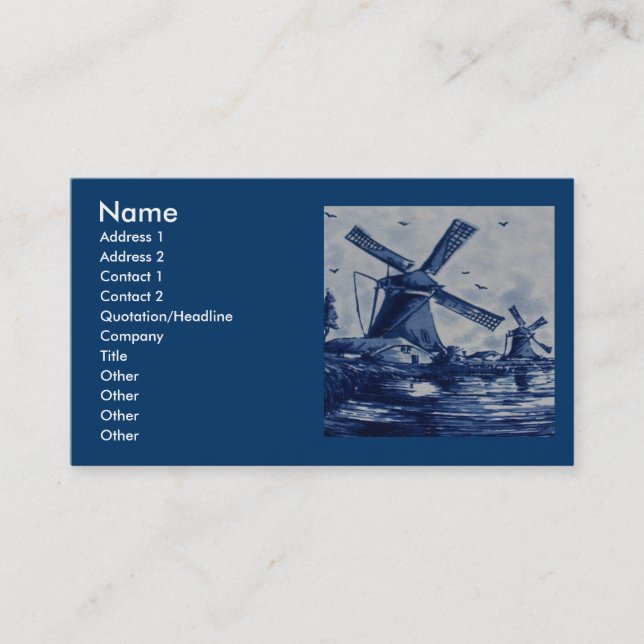 Antique Delft Blue Tile - Windmills by the Water Business Card (Front)