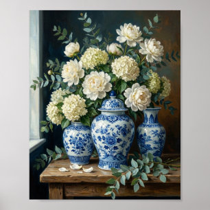 Antique Delft Blue & White Ginger Jars With Poster