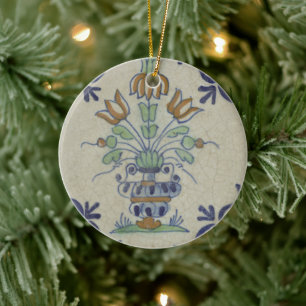 Antique Delft Tile Dutch Tulip Vase: Blue and Gold Ceramic Tree Decoration