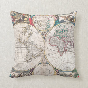 Antique Double-Hemisphere World Map Cushion